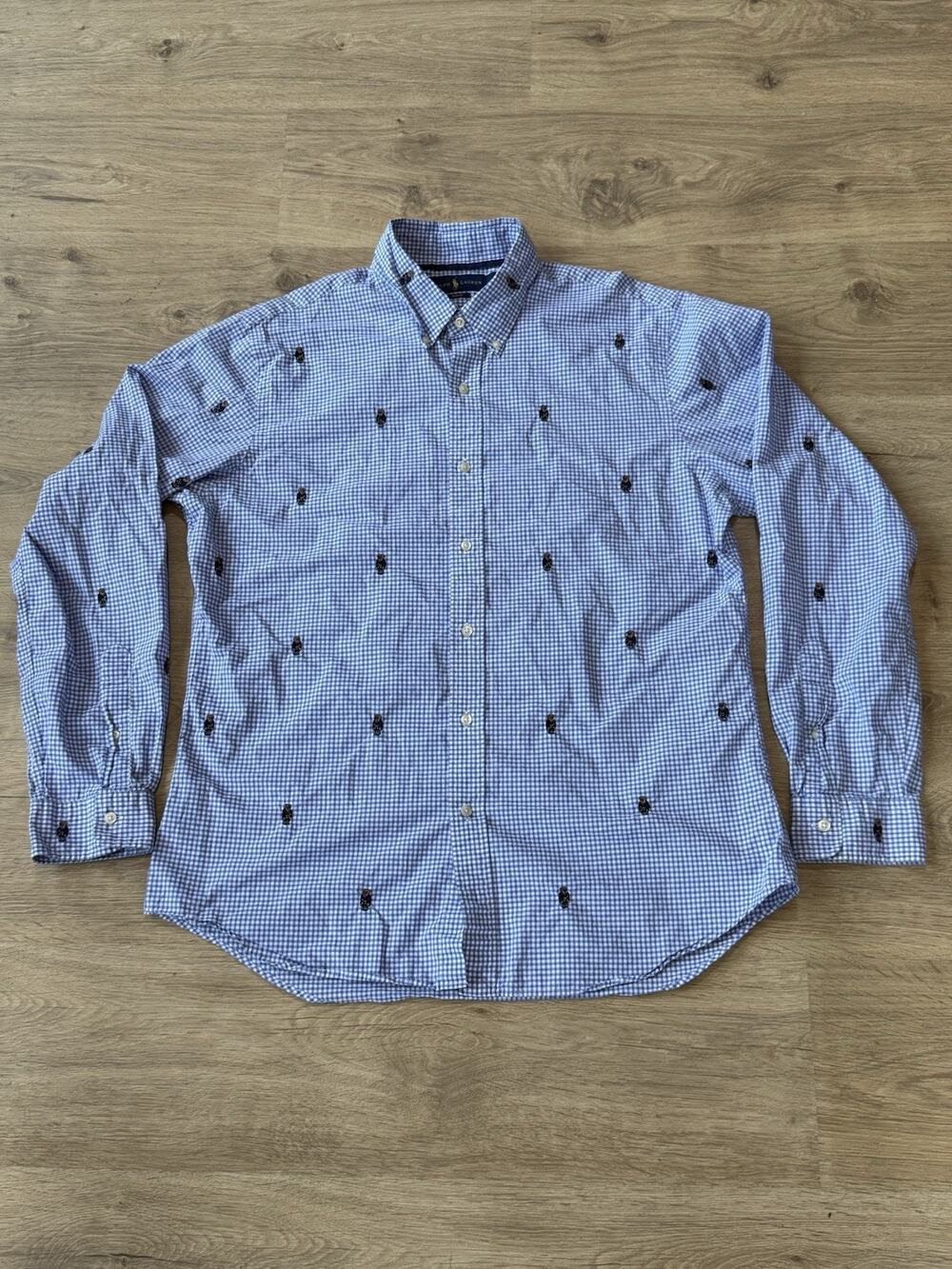 Polo Ralph Lauren Slim Fit Allover Bear Gingham Dress Shirt Mens XL Blue/White